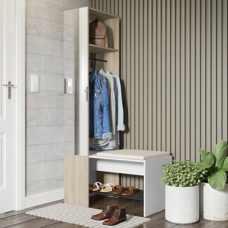 Módulo para Closet com Espelho Cabideiro e Banco Flow Be Mobiliário Branco/Aveiro