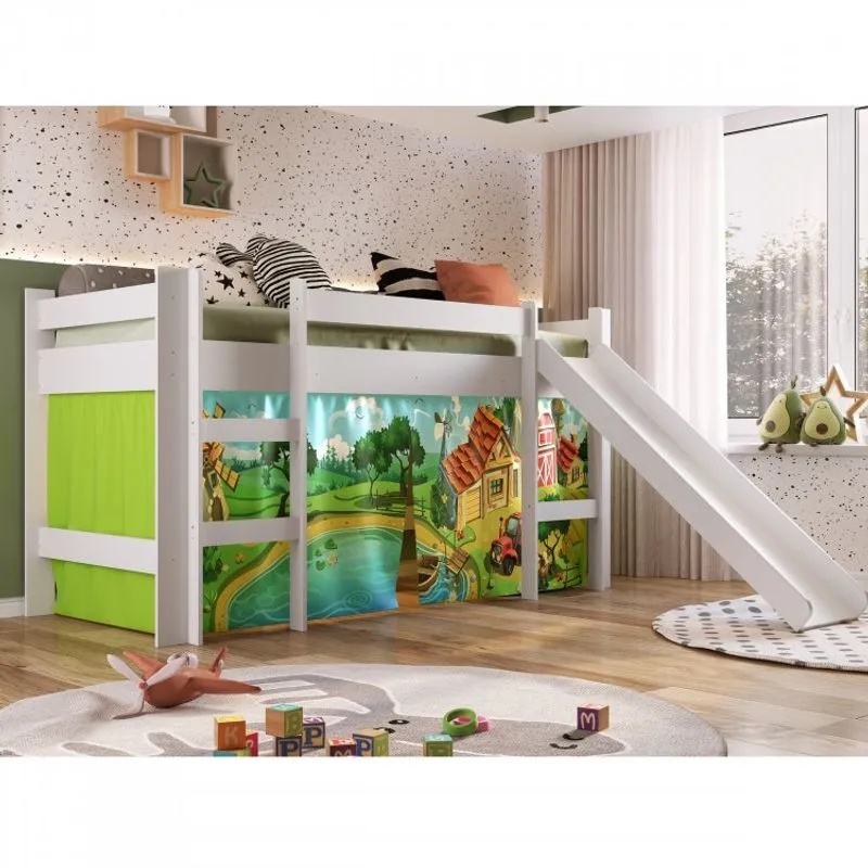 Cama Elevada com Escorregador e Cortina Completa Móveis Branco/Estampado
