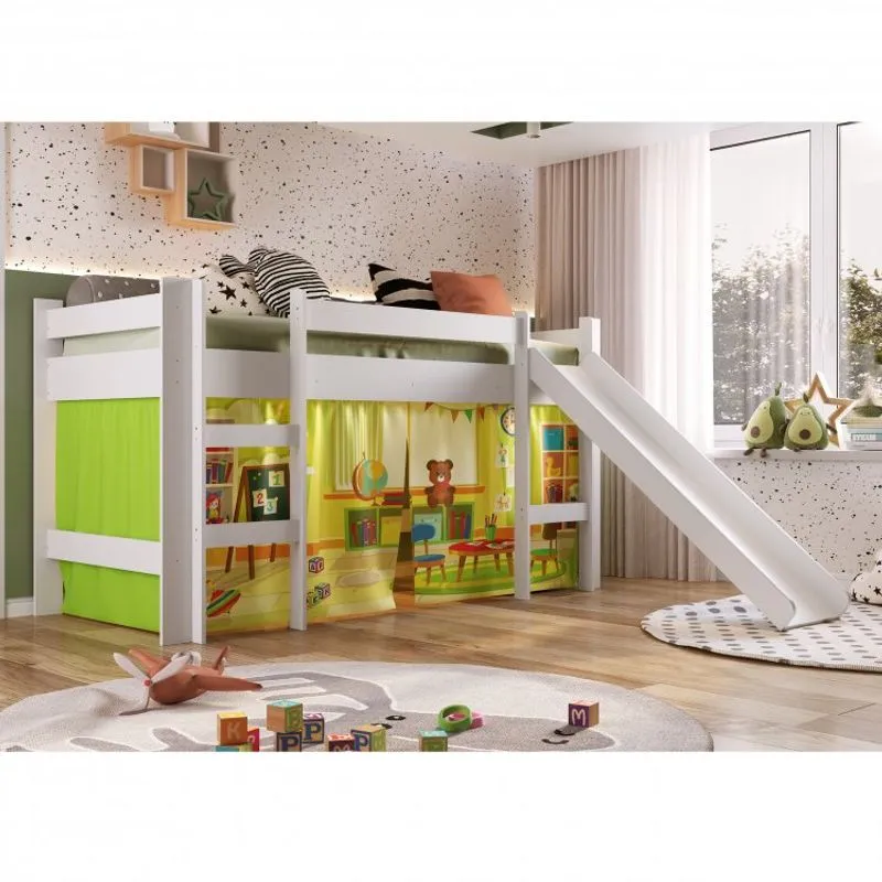 Cama Elevada com Escorregador e Cortina Completa Móveis Branco/Estampado