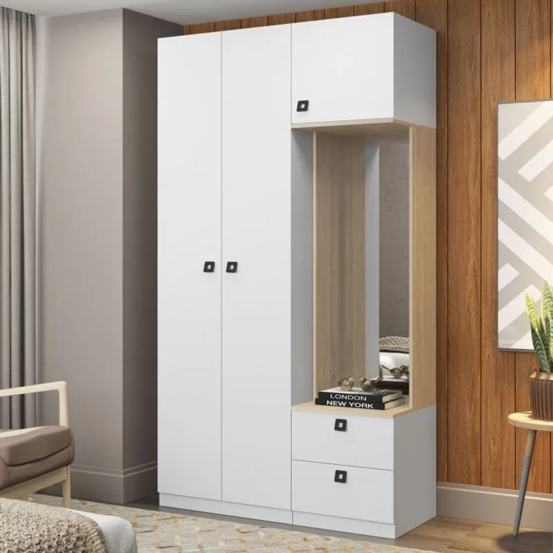 Guarda Roupas Modulado 3 Portas com Espelho e Cabide Be Mobiliário Branco/Aveiro