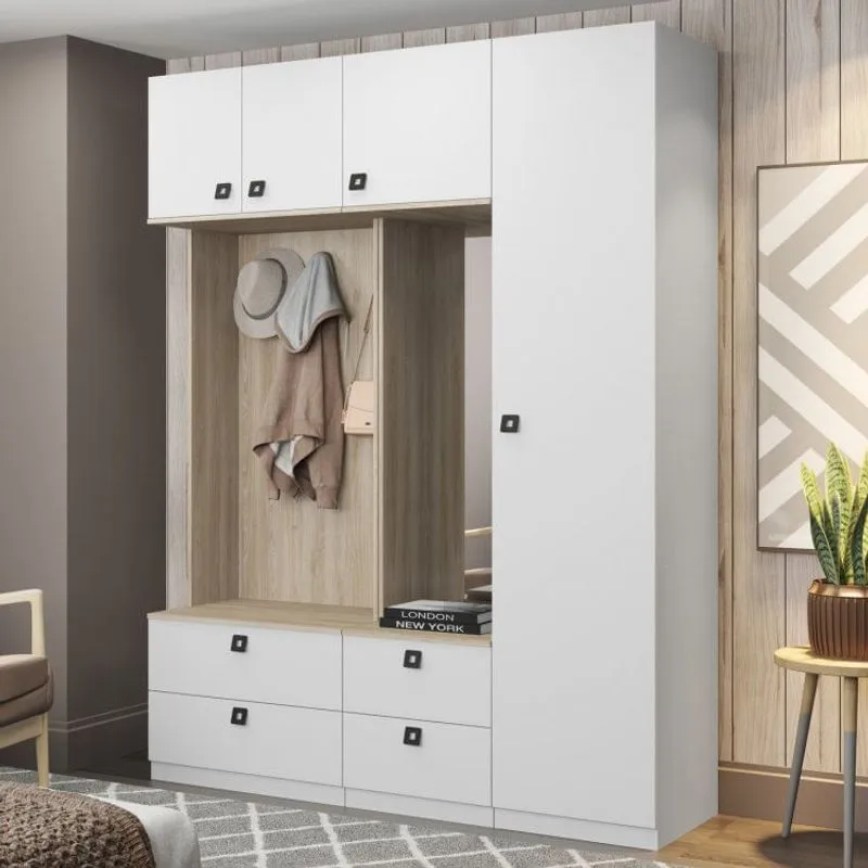 Guarda Roupas Modulado 4 Portas com Espelho e 4 Gavetas Be Mobiliário Branco/Aveiro