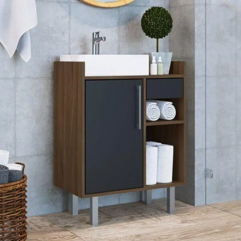 Gabinete Para Banheiro 1 Porta Criando Mobilia Preto/madeirado