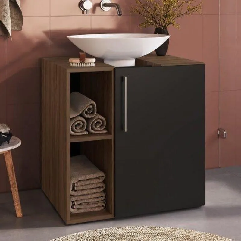 Gabinete Para Banheiro 2 Nichos 1 Porta Criando Mobilia Preto/Madeirado