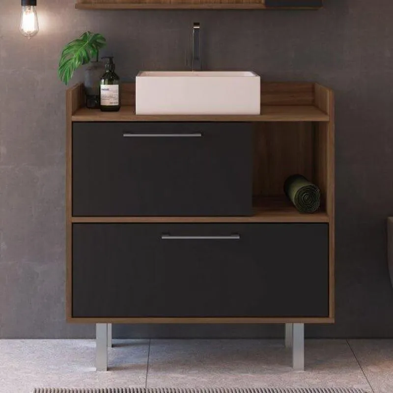Gabinete para Banheiro 2 Portas Estilare Preto/Madeirado
