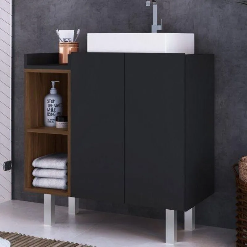 Gabinete Para Banheiro 2 Portas Criando Mobilia Preto/Madeirado
