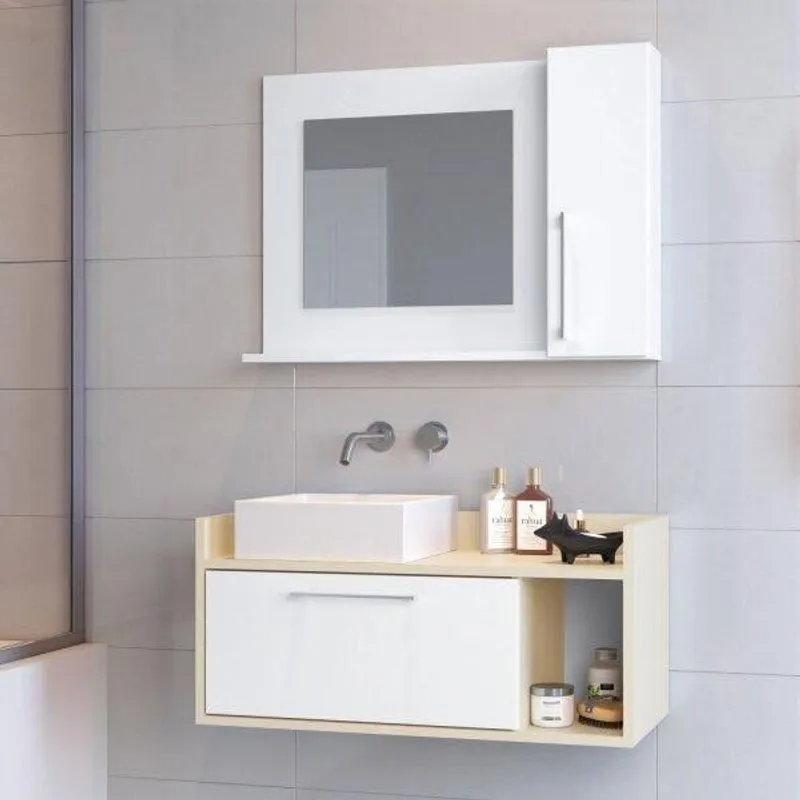 Conjunto de Gabinete e Espelheira para Banheiro Estilare Branco/Bege