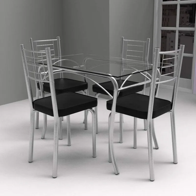 Conjunto de Mesa Tampo Vidro Lion com 4 Cadeiras Aço Juliana Yescasa Cromado/Preto