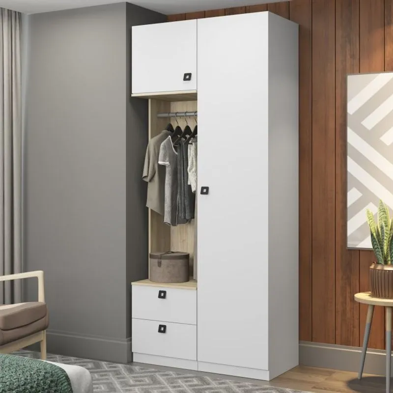Guarda Roupas Solteiro Modulado 2 Portas com Prateleiras e Cabideiro Be Mobiliário Branco/Aveiro