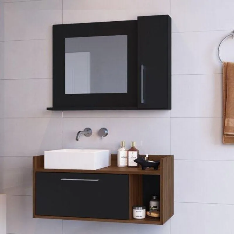 Conjunto de Gabinete e Espelheira para Banheiro Estilare Preto/Madeirado