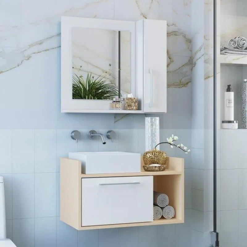 Conjunto de Gabinete Suspenso e Espelheira para Banheiro Estilare Branco/bege