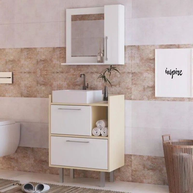 Conjunto de Gabinete e Espelheira para Banheiro 3 Portas Estilare Branco/Bege