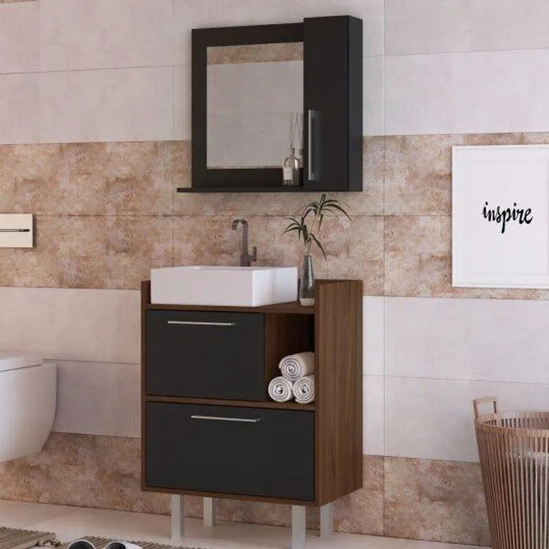 Conjunto de Gabinete e Espelheira para Banheiro 3 Portas Estilare Preto/Madeirado