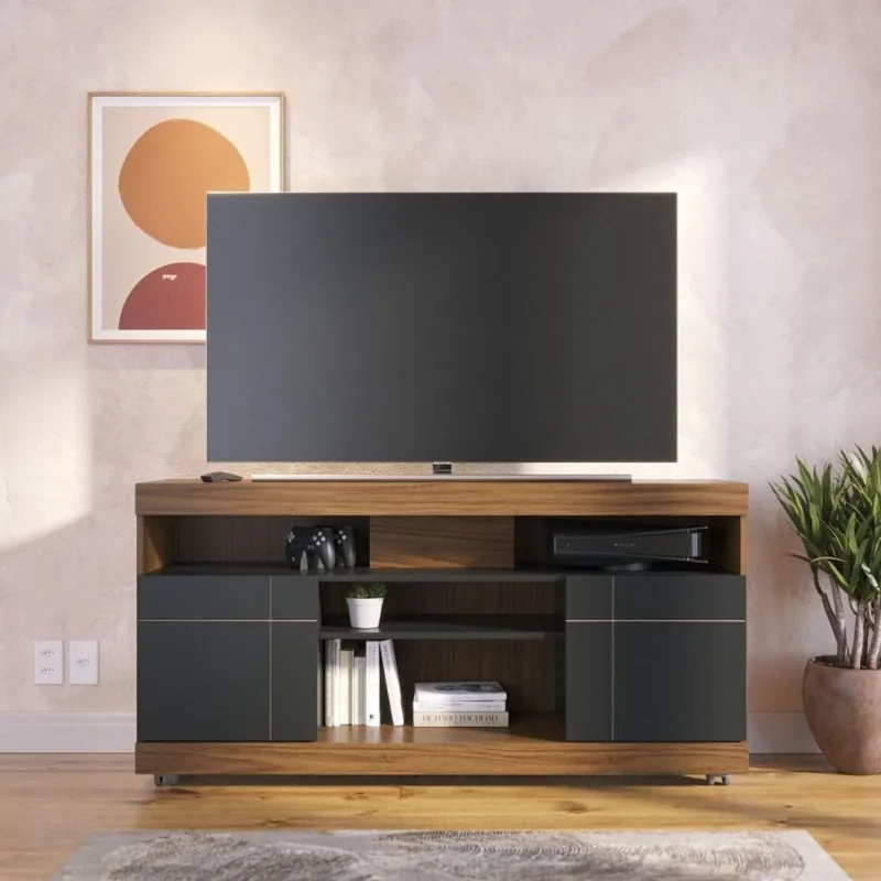 Rack para TV até 50 Polegadas 136cm 2 Portas 4 Nichos Yara Marrom Noce Milano/Preto Fosco