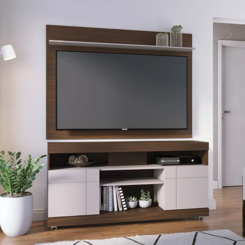 Rack com Painel para TV até 55 Polegadas 136CMX169CM 2 Portas Yara Maia Marrom Nogueira Real/Off White