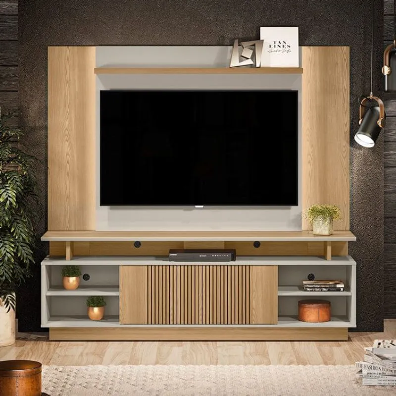 Rack com Painel para TV até 60 Polegadas 4 Nichos 2 Portas com Fita Led Linea Brasil Carvalho/Off White