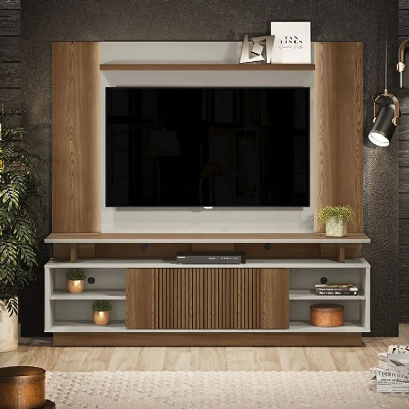 Rack com Painel para TV até 60 Polegadas 4 Nichos 2 Portas com Fita Led Linea Brasil Freijó/Off White