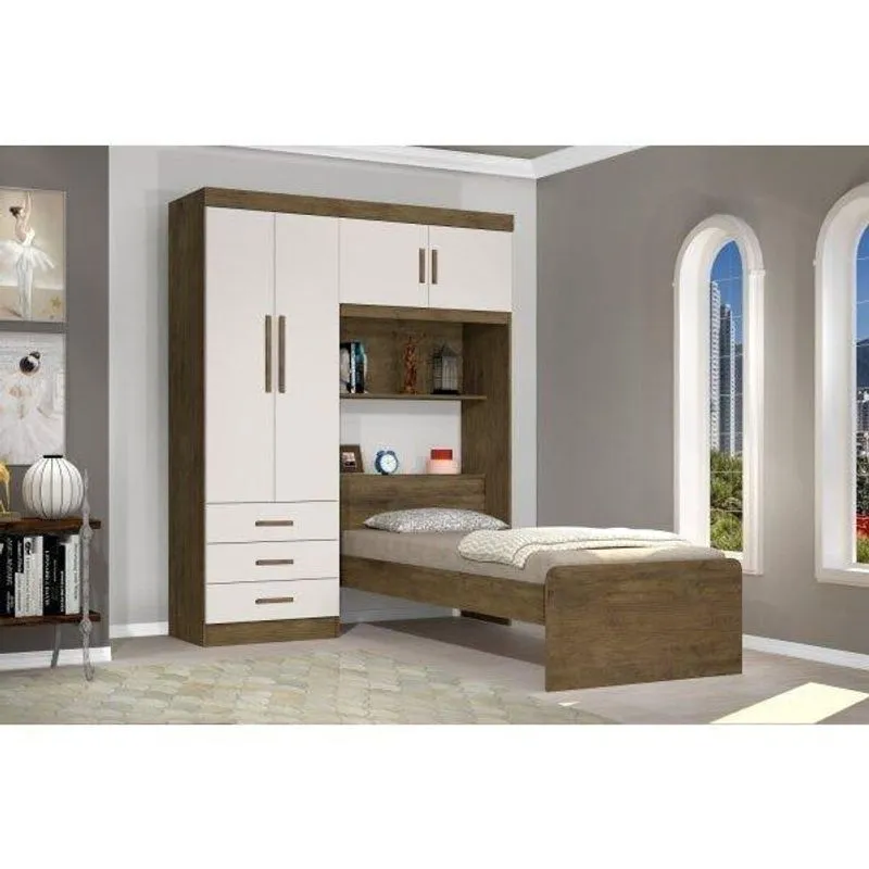 Guarda-roupa Solteiro Com Cama Integrada 4 Portas 3 Gavetas Cancun Yescasa Amadeirado/offwhite Jequitibá/off White