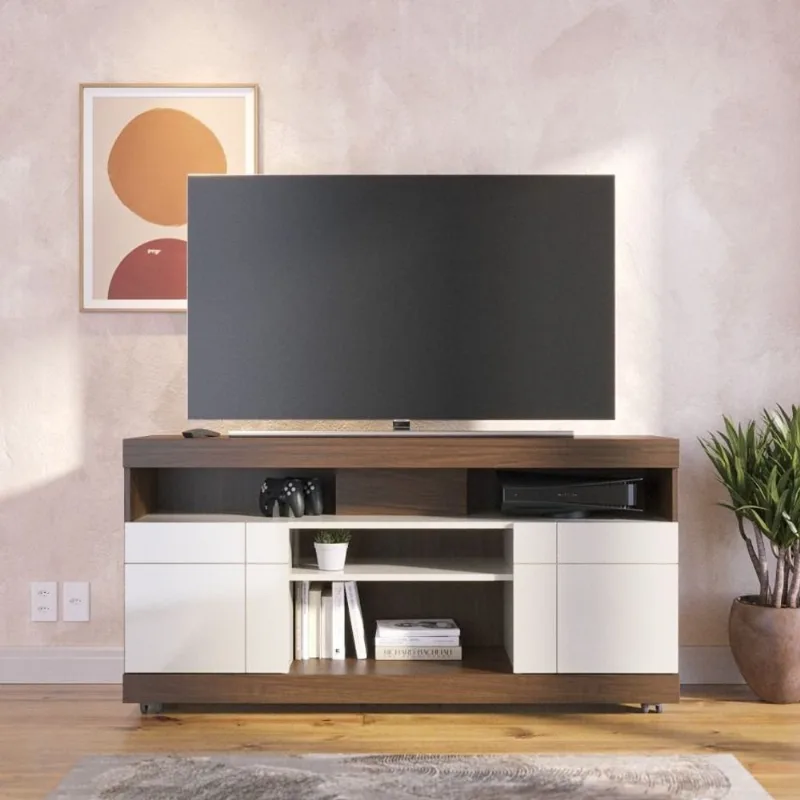 Rack para TV até 50 Polegadas 136cm 2 Portas 4 Nichos Yara Marrom Nogueira Real/Off White