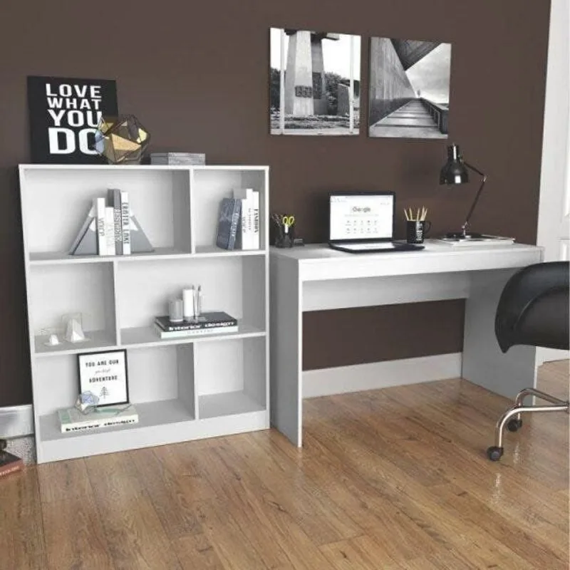 Conjunto 2 Peças com Escrivaninha e Estante 6 Nichos B28 Branco Branco