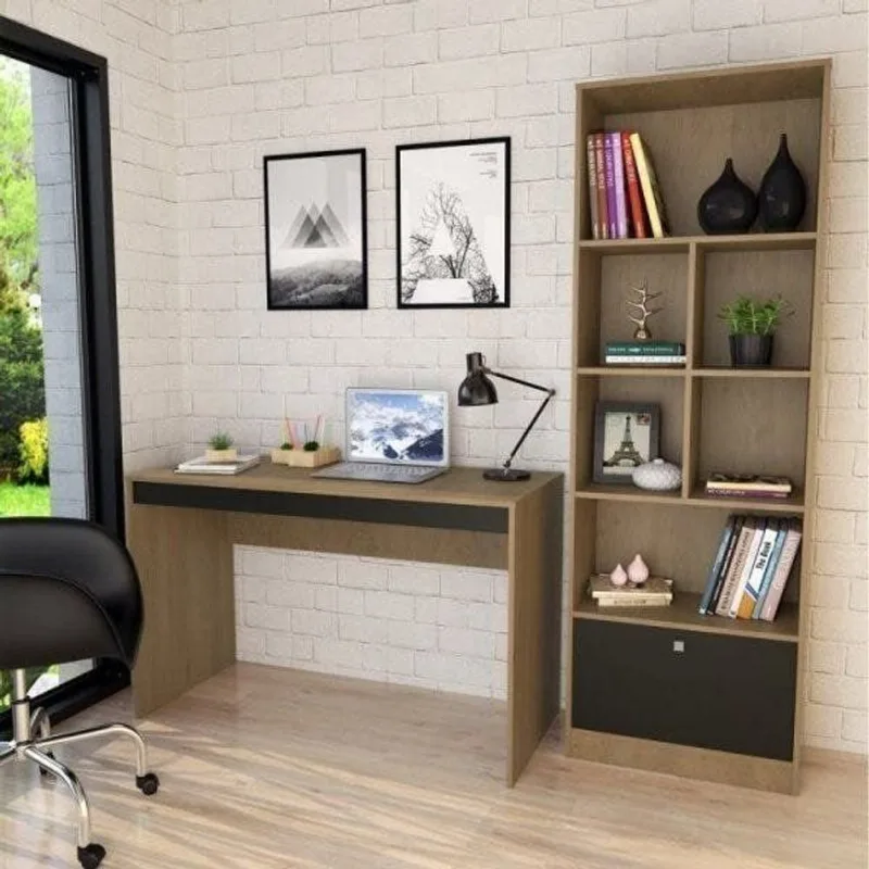 Conjunto 2 Peças com Escrivaninha e Estante Livreiro 6 Nichos 1 Porta B30 Marrom Mel/Preto