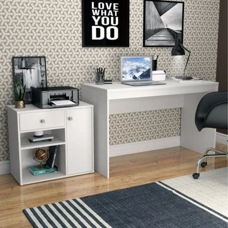 Conjunto 2 Peças com Escrivaninha e Armário Multiuso Baixo 2 Nichos B32 Branco Branco