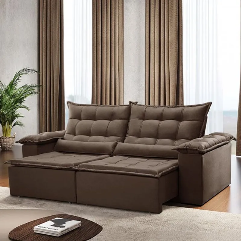 Sofá 4 Lugares Retrátil e Reclinável 210cm Jundiaí Estofados Teixeira Suede King Marrom