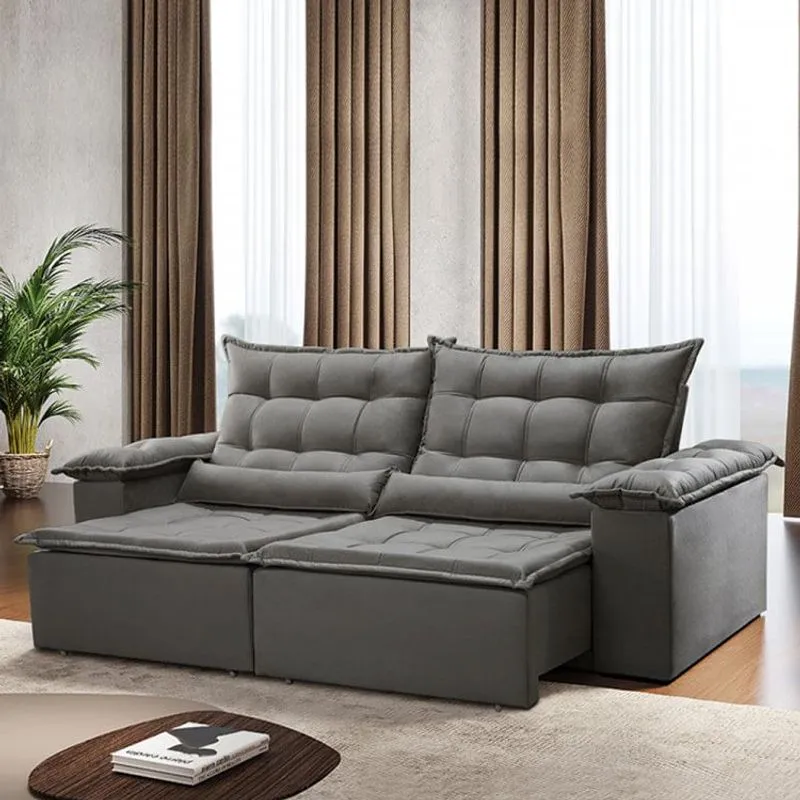 Sofá 4 Lugares Retrátil e Reclinável 210cm Jundiaí Estofados Teixeira Suede King Cinza
