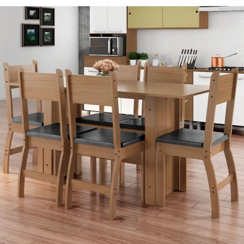 Conjunto Mesa 155x67,5cm 6 Cadeiras Milano Poliman Móveis Carvalho/Preto