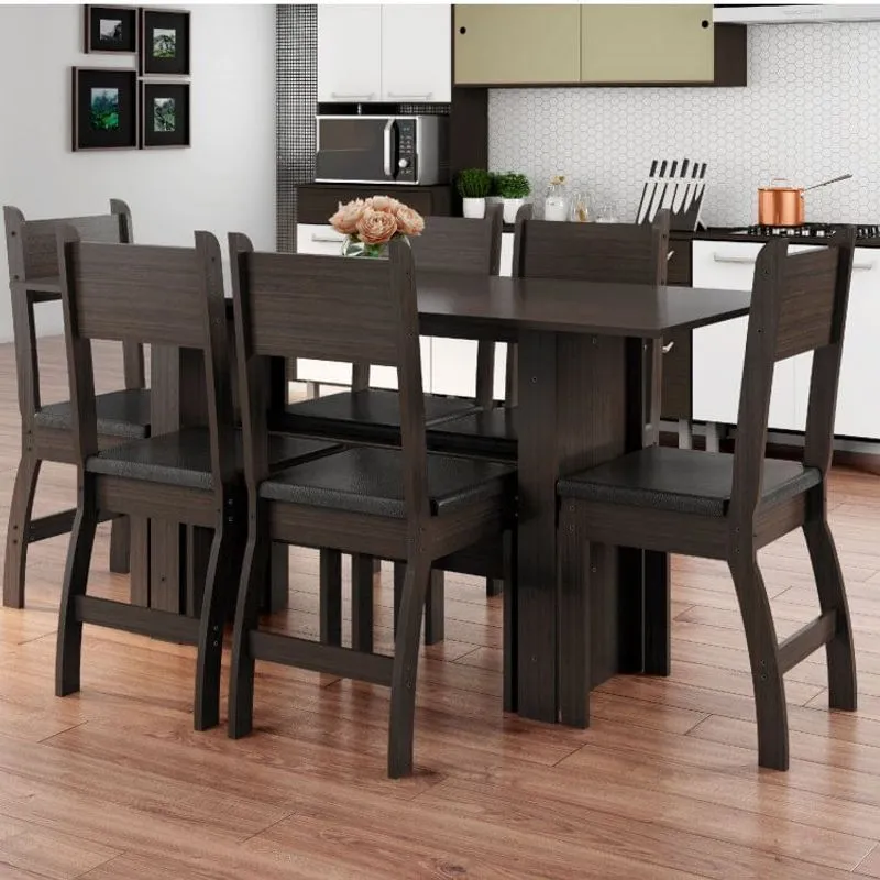 Conjunto Mesa 155x67,5cm 6 Cadeiras Milano Poliman Móveis Amêndoa/Preto