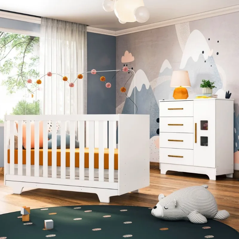 Conjunto Quarto de Bebê 100% MDF Mini Berço e Cômoda 1 Porta 4 Gavetas Branco Branco