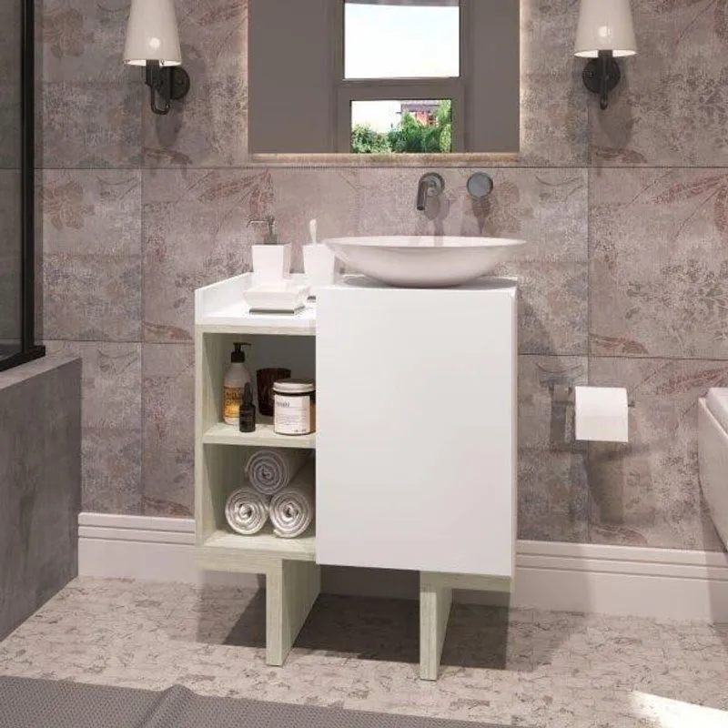 Balcão para Banheiro 1 Porta 5 Prateleiras Est034 Estilare Branco/Bege