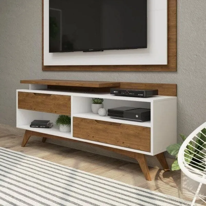 Rack para TV até 55 Polegadas 100% MDF 150cm Pés em Madeira Maciça 2 Gavetas Club Branco Branco/Garapa