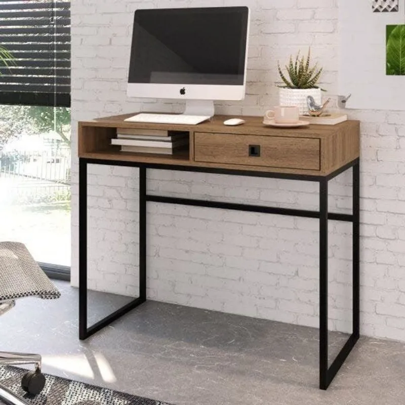 Escrivaninha Mesa Escritório 1 Gaveta 1 Nicho 91cm Industrial Mel Marrom Mel