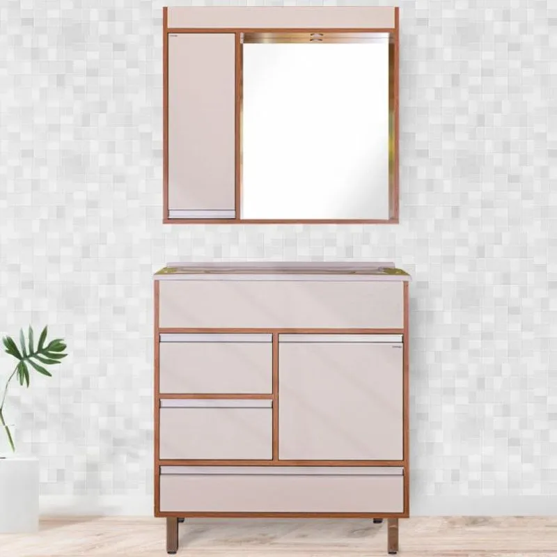 Conjunto Espelheira e Gabinete Atenas Luminetto Móveis Bege/Marrom