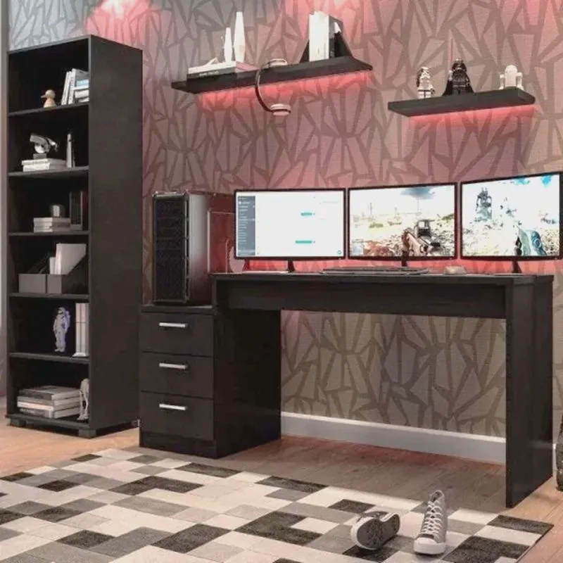 Kit 2 Peças Mesa Escrivaninha Gamer e Estante 5 Prateleiras