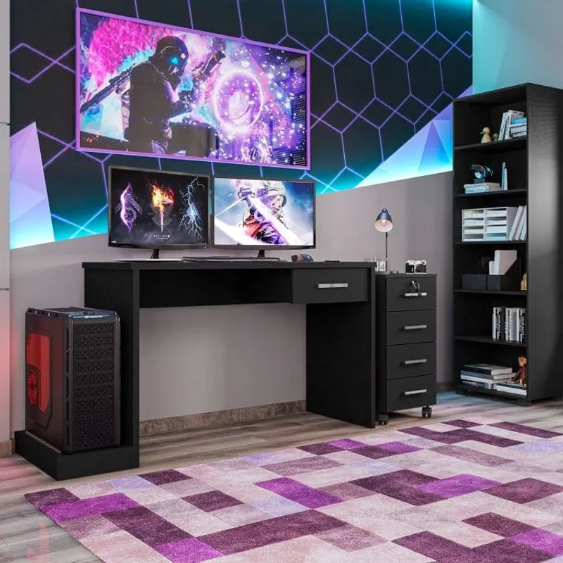 Conjunto Home Office 3 Peças Mesa Gamer, Gaveteiro e Estante Móveis Leão Preto