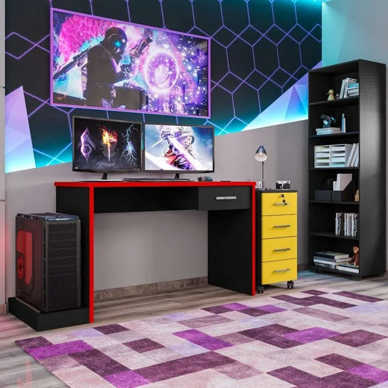 Conjunto Home Office 3 Peças Mesa Gamer, Gaveteiro e Estante Móveis Leão Preto/Vermelho/Amarelo