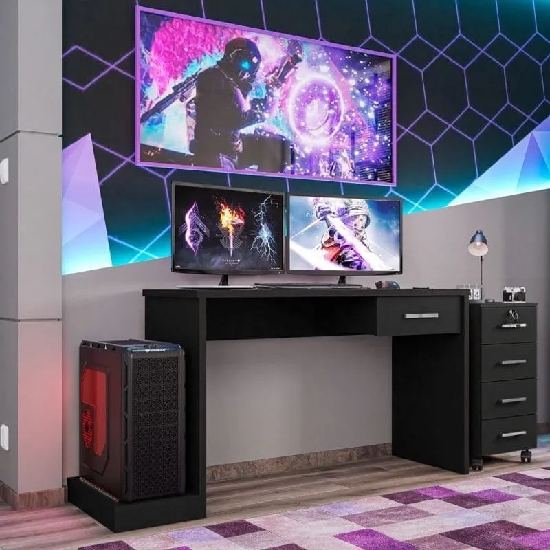 Conjunto Home Office 2 Peças Mesa Gamer e Gaveteiro Móveis Leão Preto