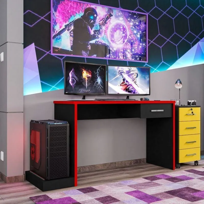 Conjunto Home Office 2 Peças Mesa Gamer 1 Gaveta e Gaveteiro 4 Gavetas Móveis Leão Preto/Vermelho