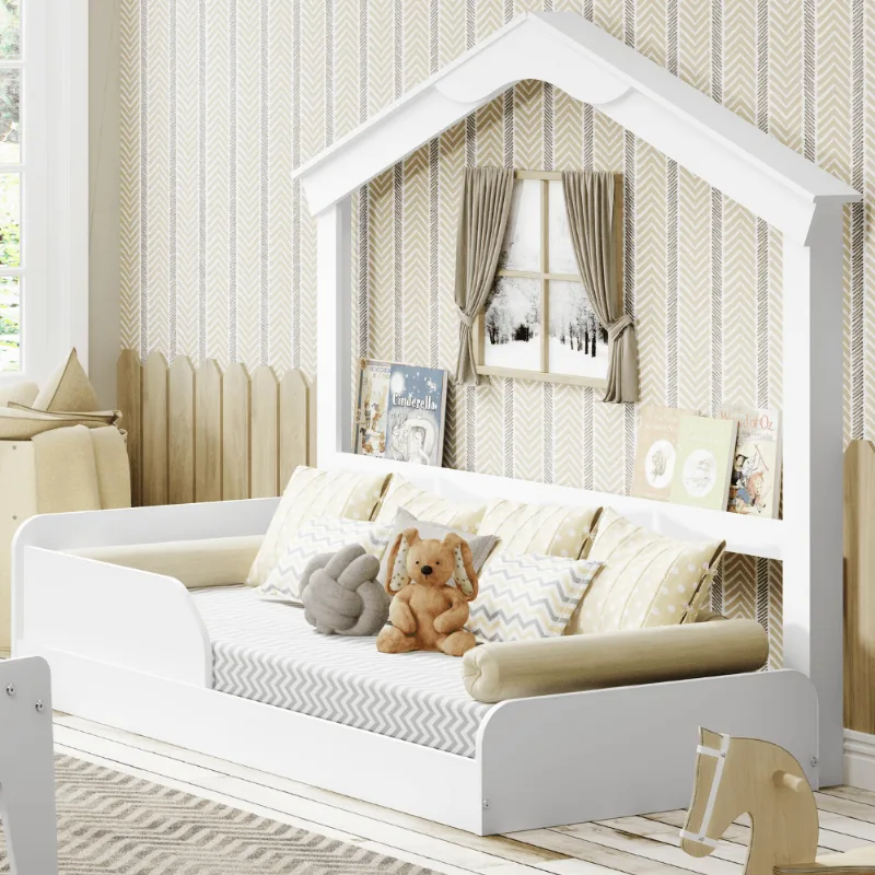 Cama Montessoriana Infantil Montessoriana Casinha Porta Livros Branco Branco