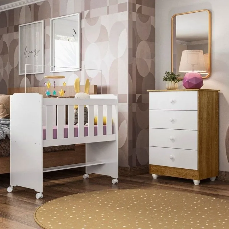 Quarto de Bebê 100% MDF com Mini Berço e Cômoda Soft Life Branco/Madeirado Ypê Branco/Madeirado Ypê