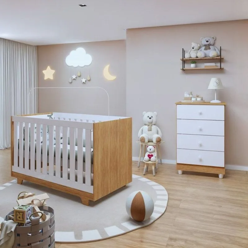 Quarto de Bebê 100% MDF com Berço Mini Cama Life e Cômoda Soft Life Branco/Madeirado Ypê Branco/Madeirado Ypê