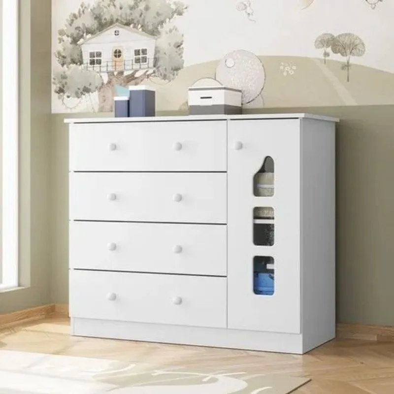 Cômoda Infantil 100% MDF 4 Gavetas e 1 Porta com Cabideiro Lívia Branco Branco