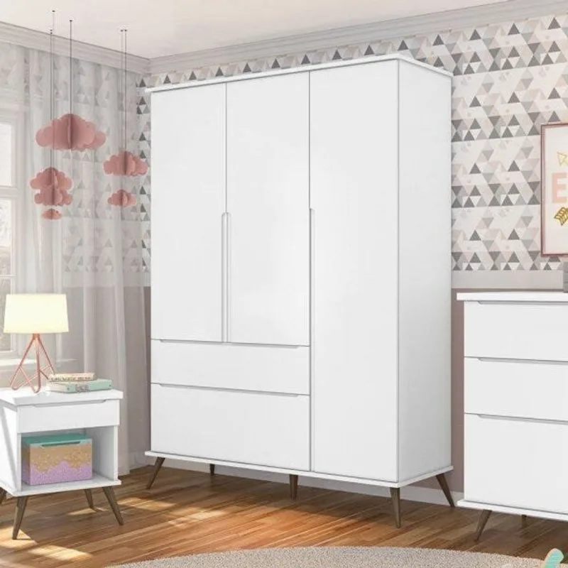 Guarda-Roupa Infantil 100% MDF 3 Portas e 2 Gavetas Retrô Melinda Branco Branco