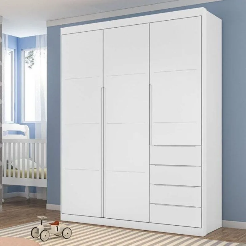 Guarda-Roupa Infantil 3 Portas e 4 Gavetas 220cm Pérola Branco Branco