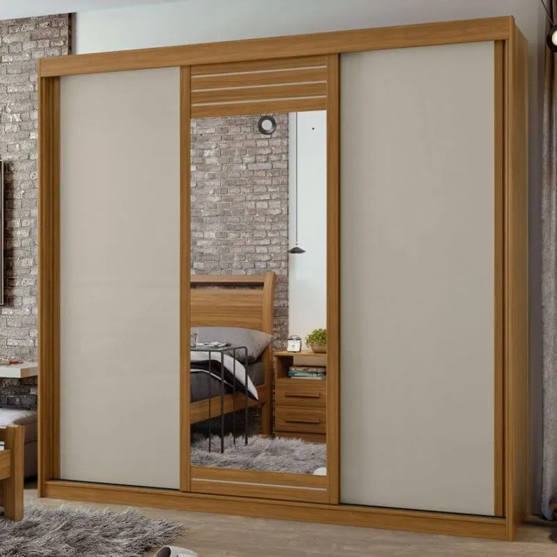 Guarda Roupa Casal com Espelho 3 Portas 4 Gavetas Taurus Móveis Lopas Rovere Naturale/Off White/Rovere Naturale