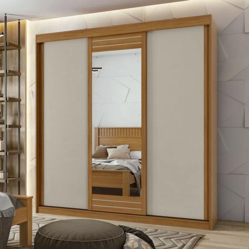 Guarda Roupa Casal com Espelho 3 Portas 3 Gavetas Aquarius Móveis Lopas Rovere Naturale/Off White/Rovere Naturale
