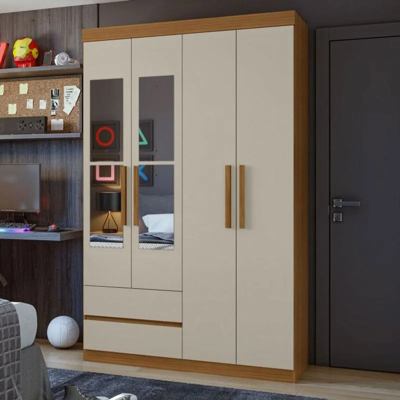 Guarda Roupa Solteiro com Espelho 4 Portas 2 Gavetas Zeus Móveis Lopas Rovere Naturale/Off White