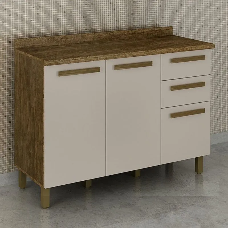 Balcão De Cozinha Com Tampo 2 Portas 3 Gavetas Pérola Valdemóveis Ipê/Off White
