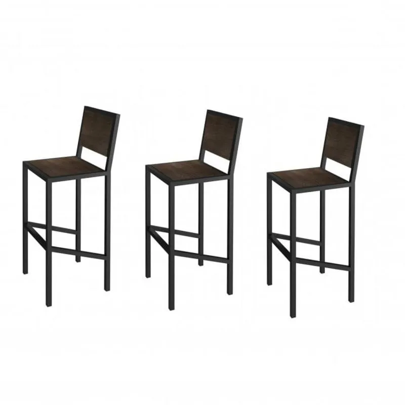 Conjunto 3 Banquetas Industrial em Aço e Mdf Yescasa Preto/Mocaccino